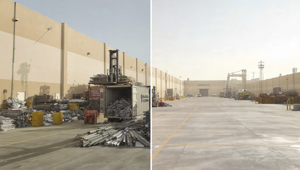 Before and after look of on-site construction scrap in Qatar management process where Scrap Qatar has efficiently cleared industrial site metal waste and scaffolding.