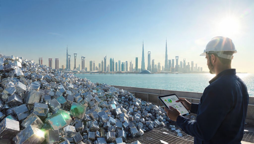 An engineer in a hard hat manages a large pile of construction scrap in Qatar near the Doha skyline, using a tablet displaying recycling statistics for sustainable waste removal.