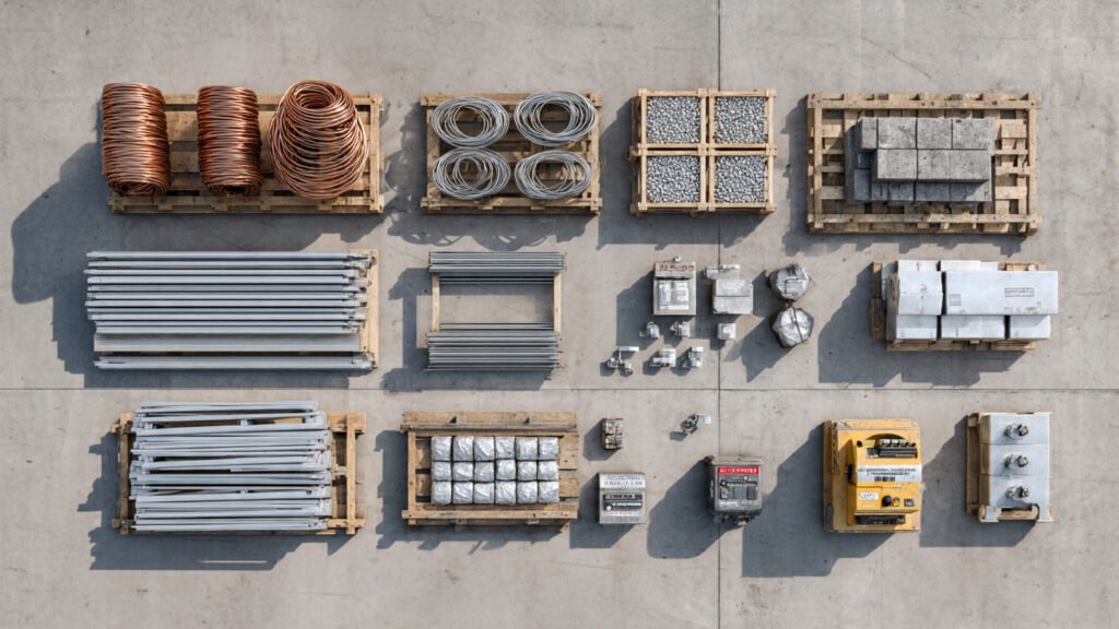 Top-down view of organized construction scrap in Qatar, including sorted copper wires, aluminum bars, metal sheets, and machinery on wooden pallets, ready for removal and recycling services.