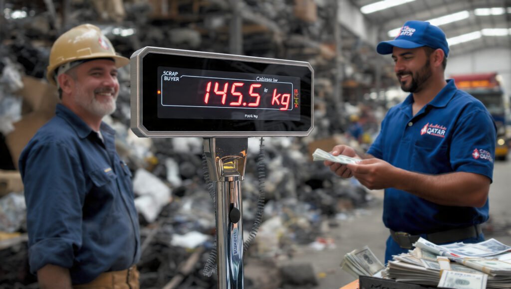 Professional scrap buyer in Qatar weighing industrial metal waste on a digital scale showing 145.5 kg and paying cash to a contractor for construction scrap recycling.