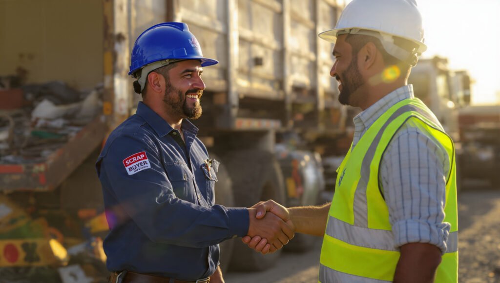 Scrap Buyer in Doha representative shaking hands with a client. symbolizing a trusted partnership for construction scrap removal services.