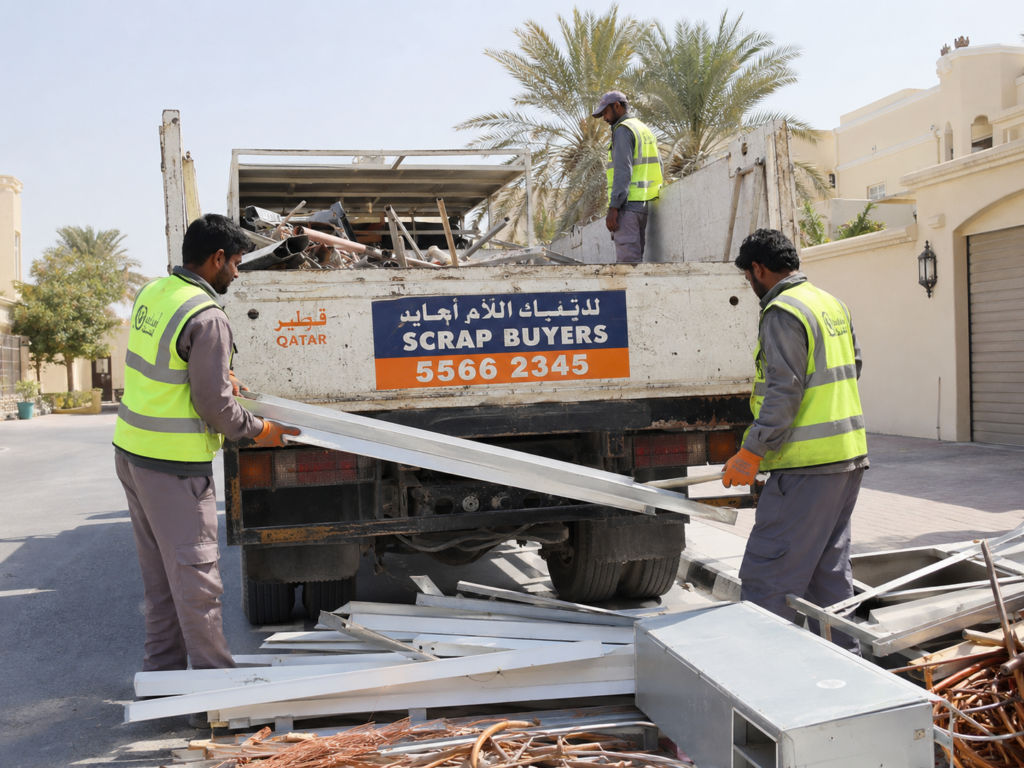 Scrap buyer in Al Wakrah Qatar collecting metal scrap from residential villa, workers loading aluminum frames, steel and copper scrap onto pickup truck