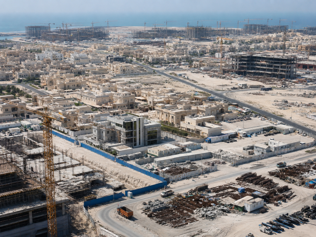Aerial view of Al Wakrah Qatar showing rapid urban development, construction sites, cranes and scattered metal scrap materials from ongoing building projects
