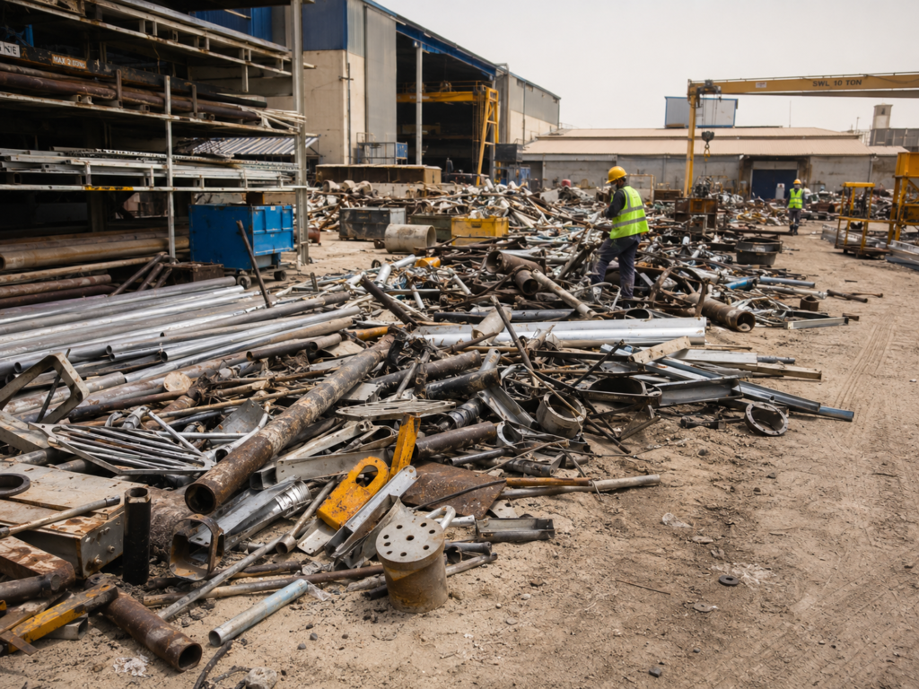 Industrial scrap yard in Al Wukair Qatar with metal scrap, steel pipes, machinery parts and workers sorting factory scrap materials