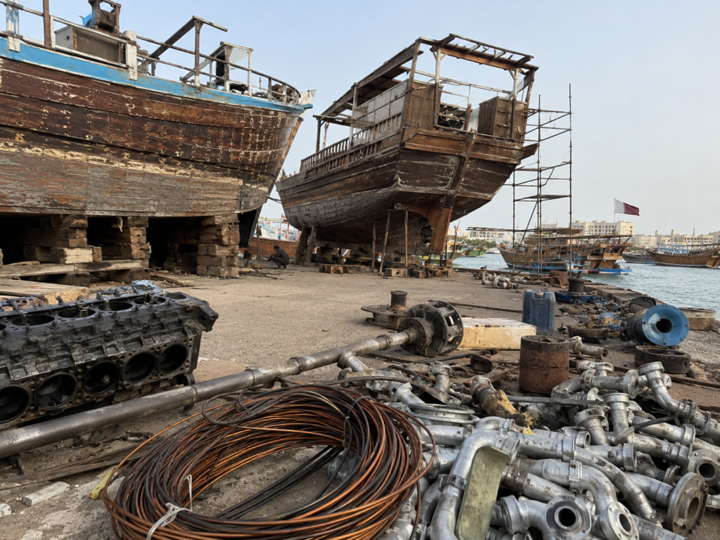 Fishing boats under repair with marine scrap materials including copper wiring, engine parts and metal components at Al Wakrah harbour, supporting scrap buyer in Al Wakrah services
