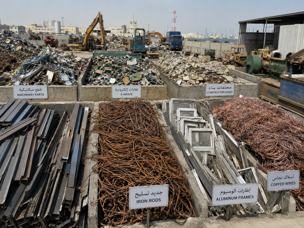 Organized scrap materials including iron rods, copper wires, aluminum frames, e-waste and machinery parts at a scrap yard supporting scrap buyer in Al Wakrah services