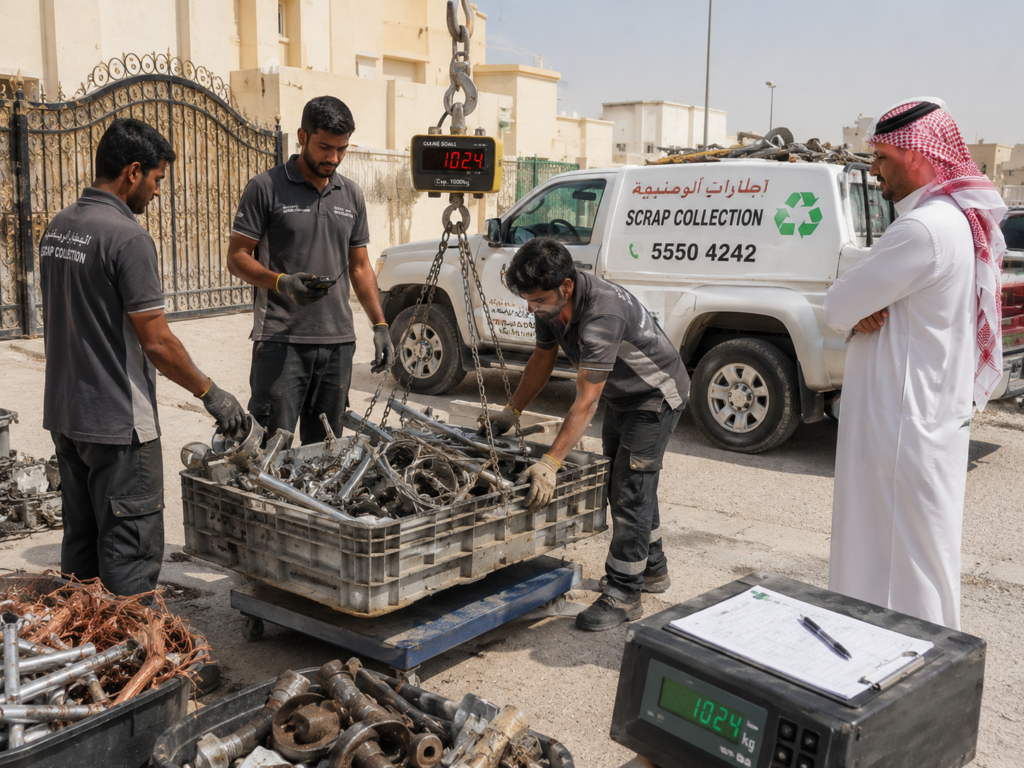 Professional scrap collection team weighing metal scrap on site in Al Wakrah with customer observing transparent process and scrap buyer pickup service
