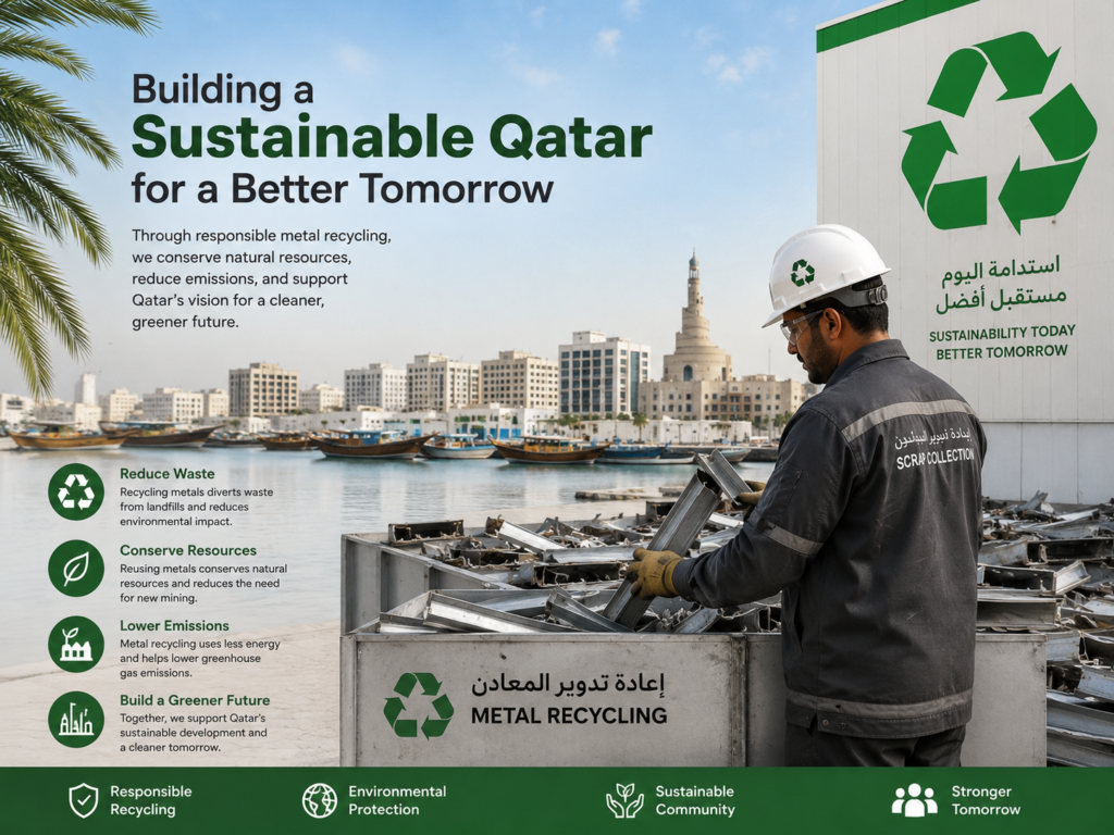 Sustainable scrap recycling and metal collection in Al Wakrah Qatar with recycled metal materials, coastal environment, and Qatar National Vision 2030 sustainability concept.